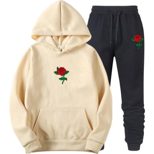 2-piece set Hoodies Sweatpants Suit Rose Flower Print Tracksuit Men Women Sweatshirt Suit Fleece Hoodie Pants Jogging Pullover