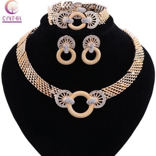 African Jewelry Sets Gold Color Flower Shape Crystal Necklace Earrings Sets Fashion Wedding Elegant Costume Jewelry Set