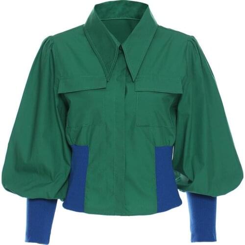 Korean Style Lantern Sleeve Short Shirt Casual Color Matching Shirt Ladies Retro Knitted Long-Sleeved Patchwork Bottoming Shirt