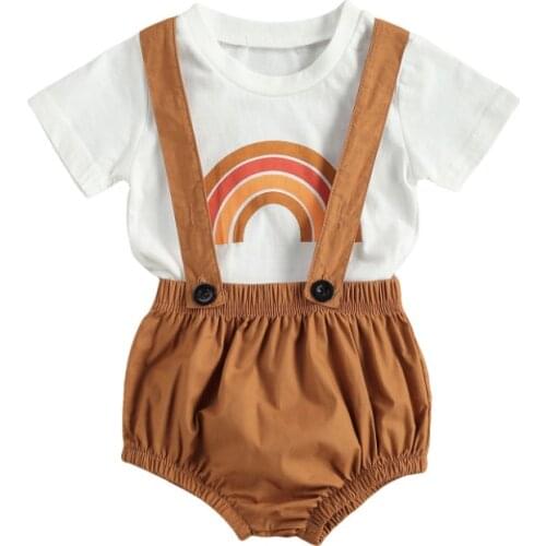 2 Pcs Newborn Summer Outfits Summer 2021, Baby Girls Rainbow Short Sleeves Round Neck T-shirt + Solid Color Suspender Shorts