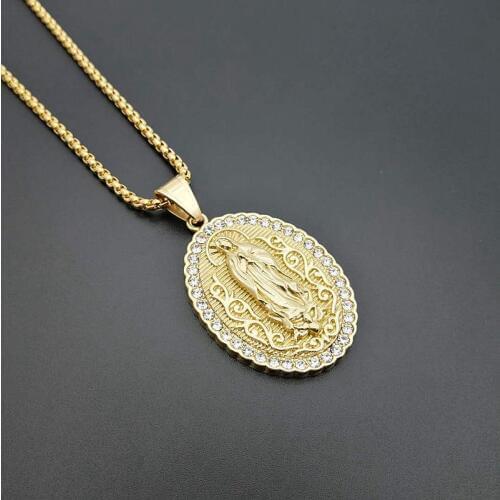 Hip hop Men Our Lady of Guadalupe Medal Pendant Necklace Stainless Steel Gold Tone Virgin Mary Patron Saint Medals Male Jewelry
