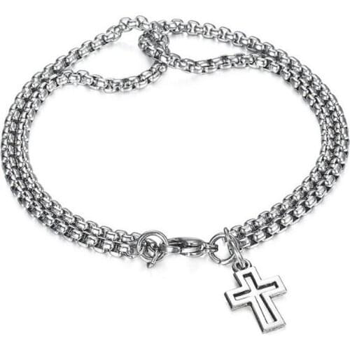 New Double Strand Rolo Chain with Cross Charms Bracelet for Men Stainless Steel Lobster Claw Clasp Closure