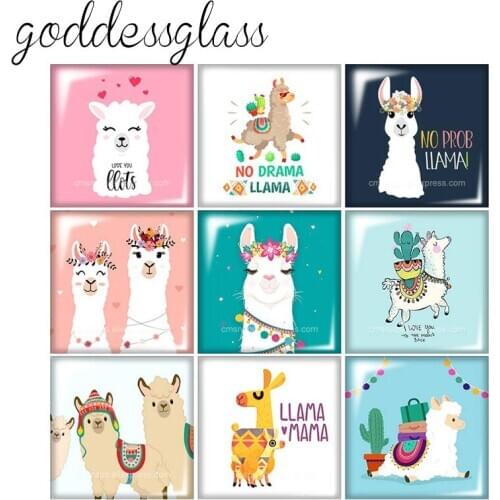 New Cute Alpaca “No drama llama” Square 10pcs mixed 12mm/20mm/25mm/30mm photo glass cabochon demo flat back Making findings
