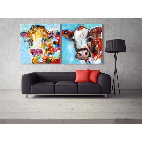 New Arrival Colorful Skin Cow Oil Painting 100% Hand Painted Knife Cow Painting on Canvas for Babys Room Wall Decor Animal Art