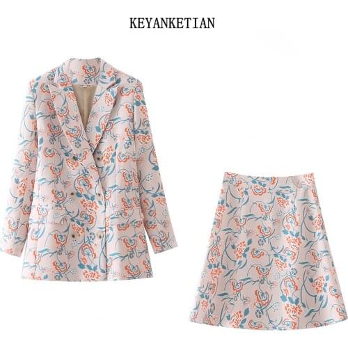 KEYANKETIAN Autumn new womens long-sleeved double-breasted printed suit jacket casual mini skirt suit