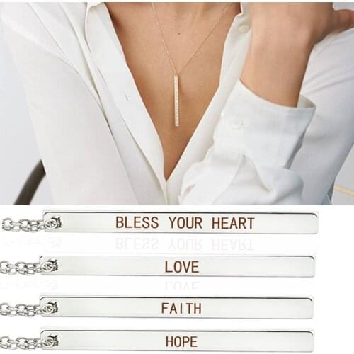 Bible Verse Quotes Necklace Love Hope Faith Fearless Long Bar Vertical Pendant Simple Words Engraved Bar Necklace Silver Color