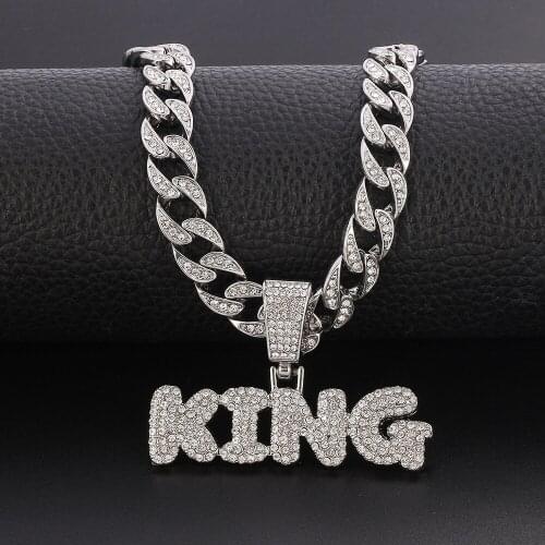 Men Women Hip Hop KING Letter Pendant Necklace Miami Gold Cuban Link Chain Iced Out Bling Rapper Necklace for Men Jewelry Choker