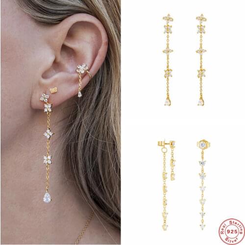 Aide 925 Sterling Silver Cross Long Tassel Drop Earrings For Women Girls Flower Rhinestone Chain Dangle Earring Brincos Jewelry
