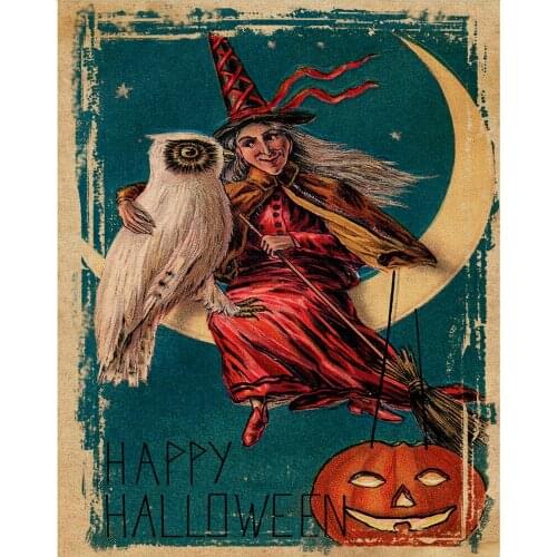 Halloween Witch Moon Cat VINTAGE Art Film Print Silk Poster Home Wall Decor 24x36inch