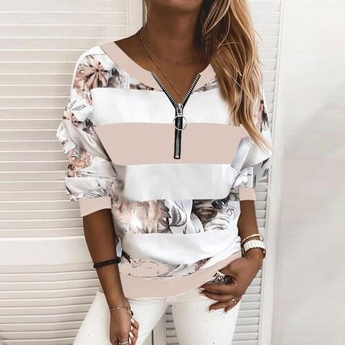 40#Blouses Women Striped Floral Print Zipper Stitching Long Sleeve Blouse Pullover Patchwork Spring Harajuku Shirts рубашка