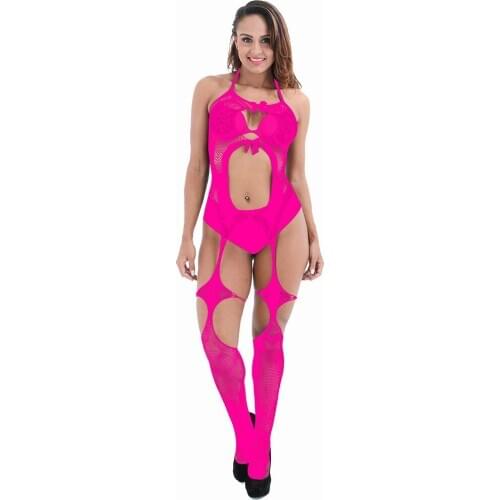 Sexy Sleepwear Lingerie Babydoll Fishnet Body Suit Mesh Bowknot Floral Body Stocking Intimate Catsuit Garter Strapless