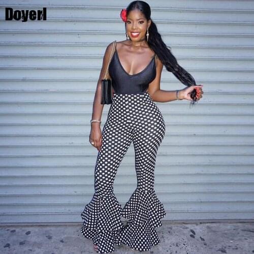 Polka Dot High Waist Flare Pants Women 2020 Black Skinny Trousers Fashion Casual Elastic Bell Bottom Ruffle Pants pantalon femme