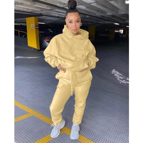 Women 2 Piece Set Tracksuits Casual Solid Color Loose Sweatershirt with Pocket Drawstring Elastic Waist Pants for Autumn Winter