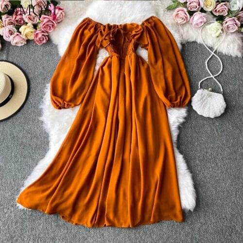 2021 Spring Autumn Slash Neck Long Sleeve Women Midi Dress Ladies High Waist Ruffle Swing Chiffon Dress