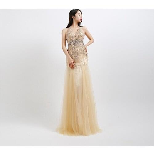 Beauty-Emily A-line Luxury Evening Dresses Long Beading Lace Hanging Neck High-end Prom Gowns Party Dress Open Back 2020 New