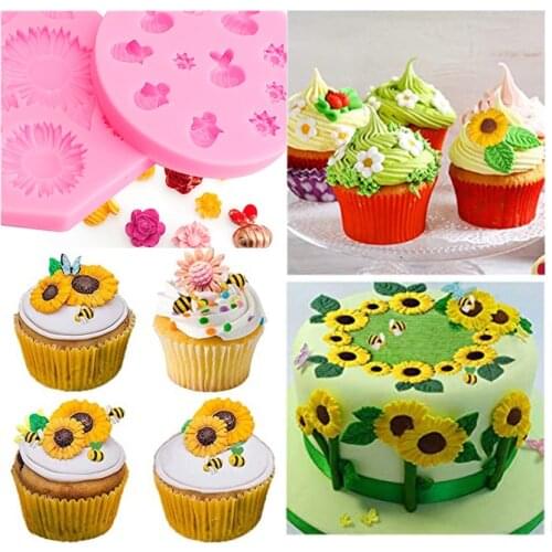 1pcs Sunflower Bee Fondant Silicone Mold 3D Chocolate Cake Baking Silicone Mold Manual DIY