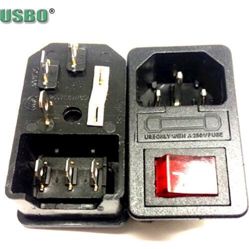 Black CE Copper 250v 10a IEC320 C13 C14 PDU UPS Receptacle outlet industrial AC power Red Light Switch socket with fuse tube
