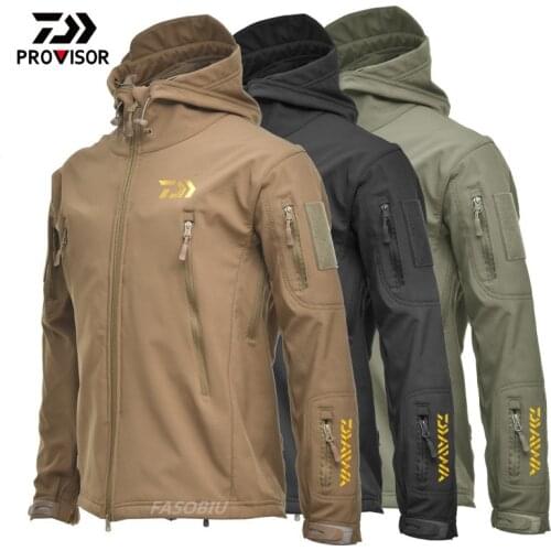 Daiwa Winter Case Shell Man Fishing Jacket Camouflage Hooded Fleece Waterproof Wind Hiking Cycling Fishing Clothing Warm Coat