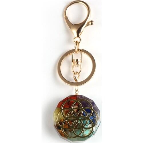 Ethnic Vintage Yoga Chakra Orgone Pendant Keychain For Men Women Reiki Healing Round Crystal Resin Orgonite Car Bag Key Chains