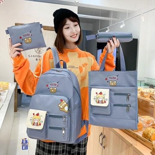 4 Pcs Set Canvas Women Backpacks School Bags for Teenager Girls Book Bags Simple Schoolbag Printing Female Backpack Ladies Bags