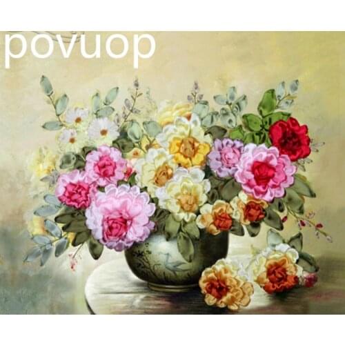 POVUOP Ribbon embroidery canvas size 70X60cm for sitting room the bedroom Ou the cross-stitch east wind last night