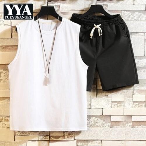 Fashion Mens New O-Neck Sleeveless Pullover Loose Vintage T-Shirts Sets Korean Style Adjustable Waist Pockets Casual Shorts