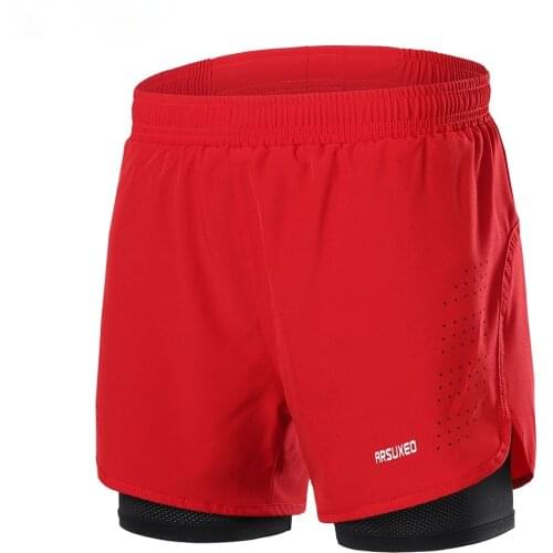 Mens 2 In 1 Running Shorts Skating Fashion Red with Longer Liner Quick Dry Breathable Outdoor Sports Fitness Training Exercise