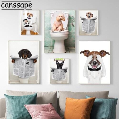 Funny Dogs Prints Animals Wall Art Canvas Painting Dog Reading Newspaper Posters Nordic Wall Pictures For Toilet Decoration