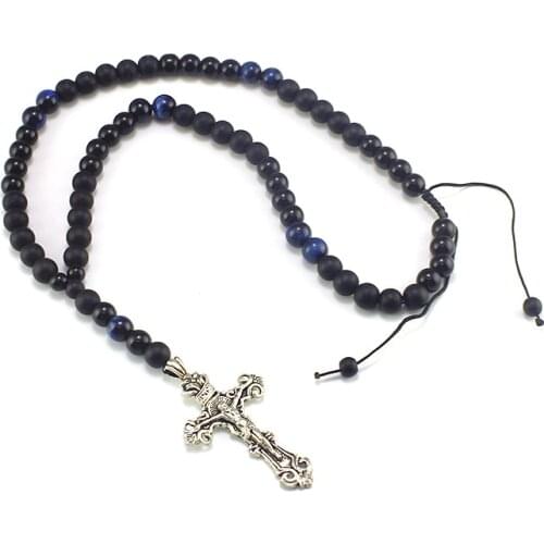 New Arrival Black Men Necklace with Blue Tiger Eye Stone Zinc Alloy Cross Pendant Necklace Adjustable Handmade Jewelry for Men