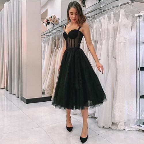 New Arrival Illusion Black Prom Dress Spaghetti Strap Polka Dot Tulle Tea Length Formal Party Gowns Short Vestido De Festa 2020