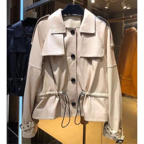 Autumn England Style Womens Genuine leather coat High quality Sheepskin Real leather Elegant drawstring jackets C673