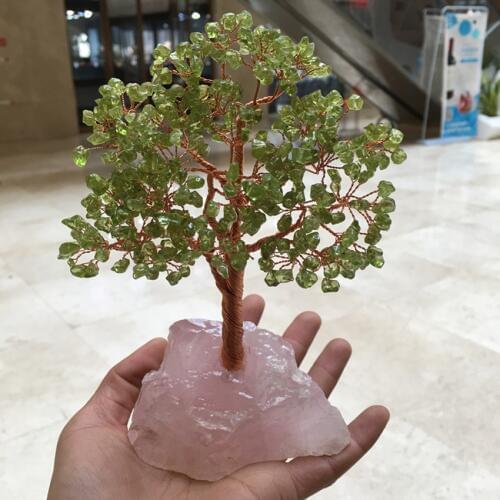 Natural olivine quartz gemstone crystal lucky tree reiki healing rough rose gemstone provide energy as for gift fengshui