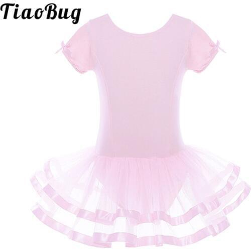 TiaoBug Girls Professional Ballet Tutu Bowknots Ribbon Hem Mesh Dance Dress Gymnastics Ballet Leotard Kids Stage Dance Costumes