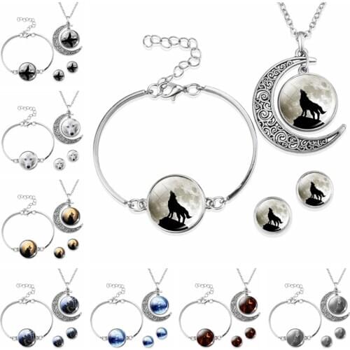 Wolf and Moon Silver Color Necklace & Earrings &Bracelet Jewelry Set Glass cabochon Jewelry Women Set Lover Couple Birthday Gift