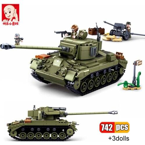Sluban 742Pcs 2 IN 1 Military M26E1 Pershing Medium Tank Model Building Blocks US War Army Soldier Figures Bricks Classic Toys