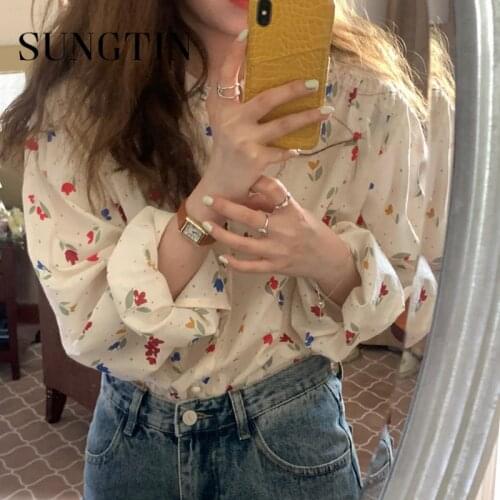Sungtin Korean Fashion Long Sleeve Printed Loose Blouse Women Summer Thin Floral Blouse Shirts Button Casual Shirts Oversized