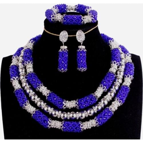 Nigerian Jewellery Sets For Women Royal Blue Party Earrings Bracelet and Necklace Set African Beads Free Shipping 2018
