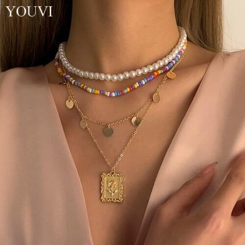 YOUVI 4Pcs/Set Pearl Chains Necklace for Womens Neck Chain Colorful Rice Beads Bohemia Choker Necklace Pedant Charms Jewelry
