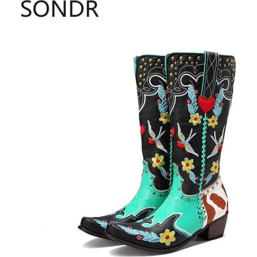 Womens Ethnic Embroidery Pointed Toe Mid-Calf Boots Chelsea Western Chunky Heel Cowboy Shoes Plus Size 34-43 New 2021