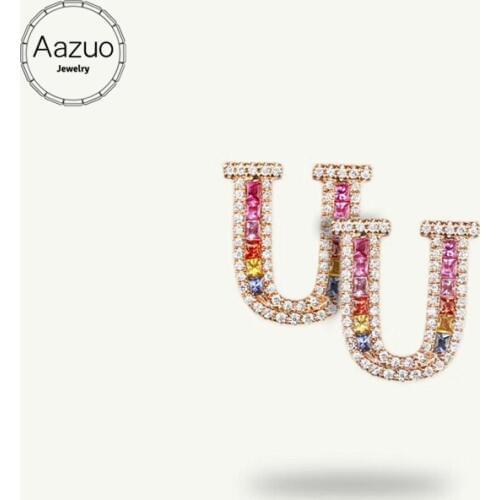 Aazuo 18K Jewelry Rose Gold Natural Coloured Gemstone Real Diamond Initial Lucky 26 Letters Stud Earring gifted for Women Trendy