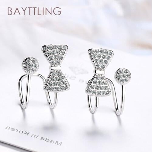 BAYTTLING New 16MM 925 Sterling Silver Luxury Bowknot Shiny Zircon Ear Clip Earrings For Woman Fashion Glamour Wedding Jewelry