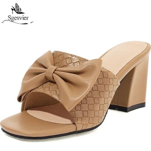 Sgesvier 2021 Summer New Open Toe Chunky High Heels Office Lady Slippers Classic Women Slides Bowtie Mules Big Size 32-48