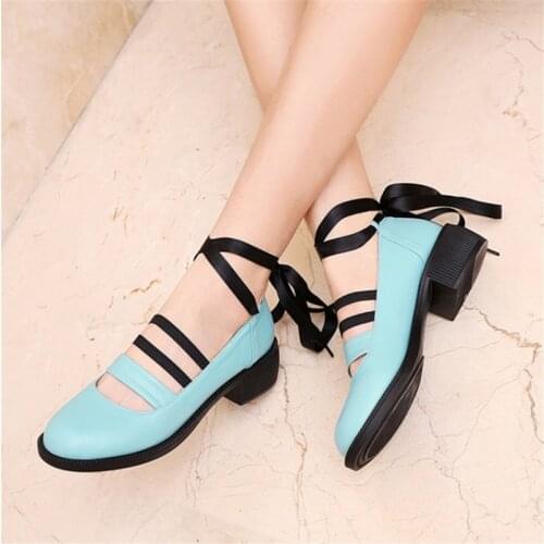 PXELENA Japanese Sweet Lolita Girls Cross tied Chunky Med Heel Shoes Women Punk Strappy Rome Gladiator Pumps Blue Red Black Punk