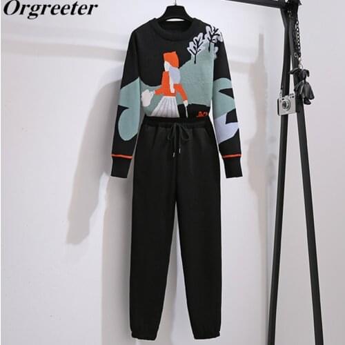 Sweater Trousers Suits 2021 Fall Winter New Knitted Pattern Girl Loose Sweater + Elastic Waist Woolen Pants Two piece set Women