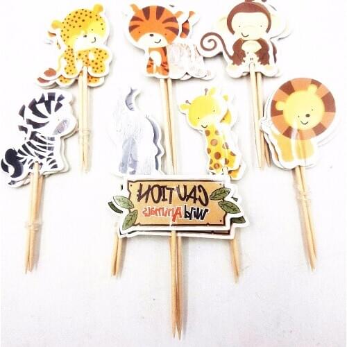24pcs/set Zoo Animal Elephant Lion Dessert Inserted Card Prod Picture Cake Decoration Cupcake Pick Kid Birthday Party Decoration