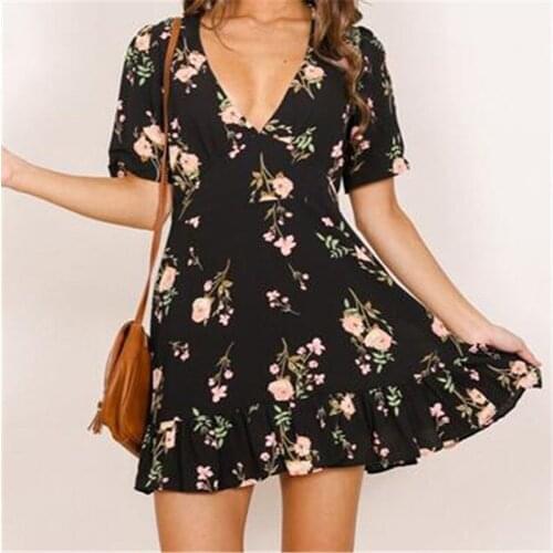 AECU Women Printing Mini Floral Plus Size Dress V Neck 2021 Printing Summer Beach Short Sleeve Evening Party Bohemian Dress