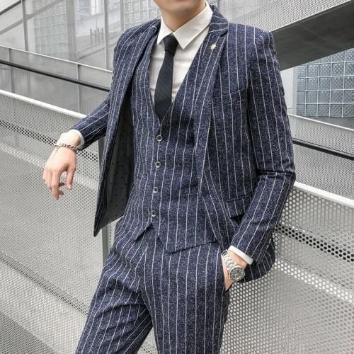 Striped mens suit Fashion Korean Slim Fit 3-Pieces Blazers+Pant Casual mens tuxedo wedding men suits groom suit mens business