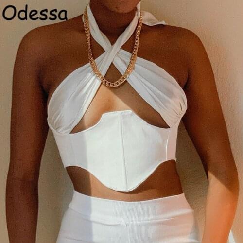 Odessa White Hollow Out Crop Corset Tops Women Halter Neck Party Bustier Ladies Lace Up Casual Sexy Tube Tops Spring Summer 2021
