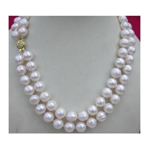 Double strands 9-10mm natural south sea white pearl necklace 17-18inch fine jewelry