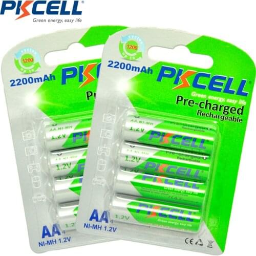 8pcs/2card PKCELL AA Rechargeable Battery AA NiMH 1.2V 2200mAh Ni-MH 2A Pre-charged Bateria low self discharge aa Batteries